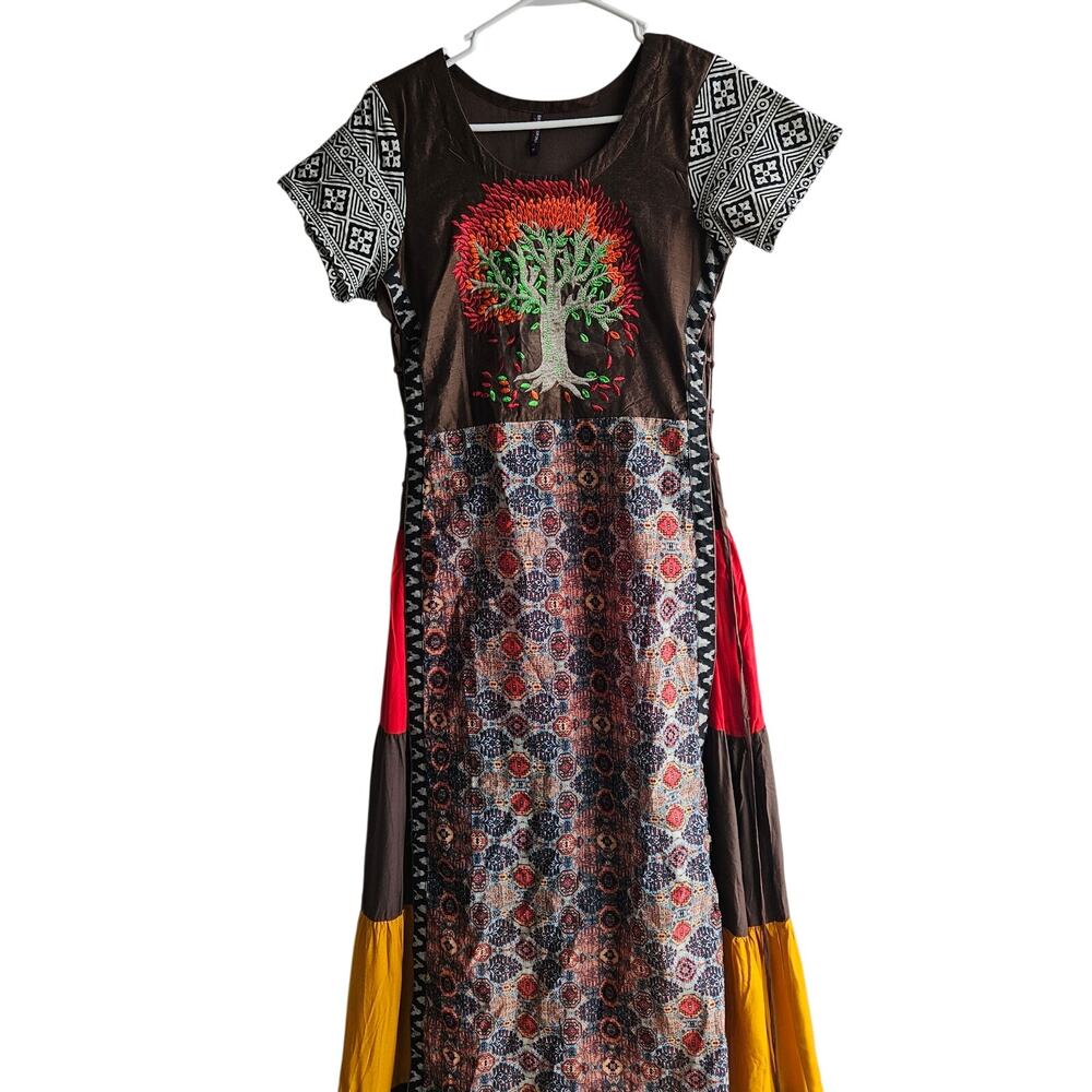 Boho Patchwork Embroidered Tree Maxi Dress Made in India Lace Up Side M